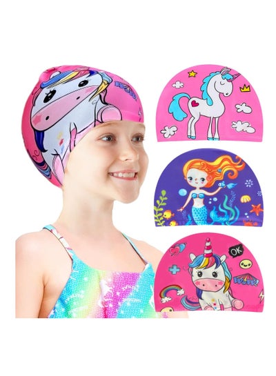اشتري 3pcs Unicorns and Mermaids Girls Swimming Cap - Fun and Stylish Polyester Kids Swimming Caps for Long and Short Hair, Ages 4-10 في الامارات