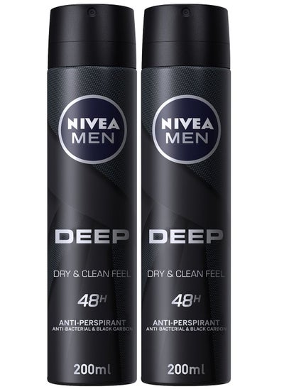 Buy NIVEA MEN Antiperspirant Spray for Men, DEEP Black Carbon Antibacterial, Dark Wood Scent, 2x200ml Black 400ml in UAE