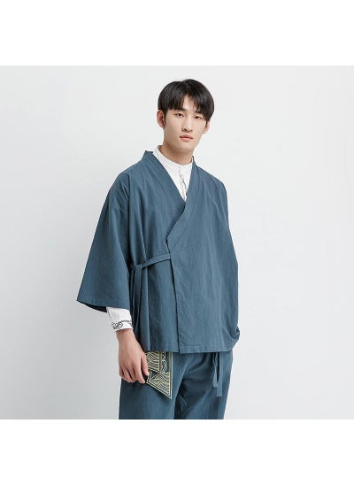 اشتري Mens Loose Hanfu Set Retro Tang Jacket Gray and blue one-piece top في السعودية