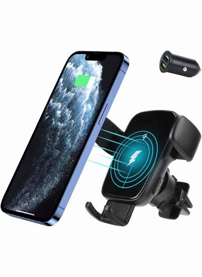 اشتري Wireless Car Charger, 15W Qi Fast Charging Auto-Clamping Car Charger Mount, Car Air Vent Phone Holder for iPhone14/13 Pro/12 Pro/12/11, Galaxy S22/S21+/S20 Ultra etc（Include QC3.0 Adapter) في السعودية