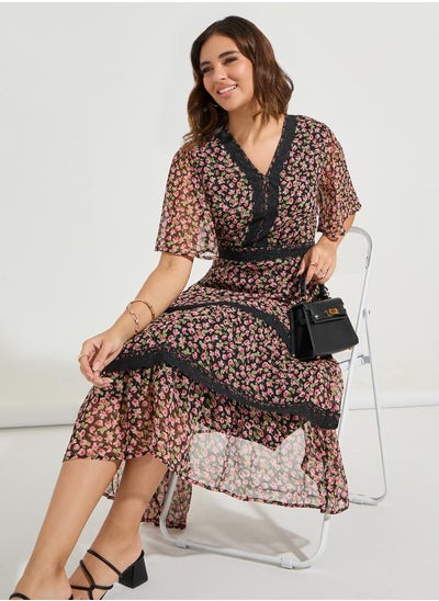 Buy Floral Print V Neck A Line Midi Dress in Saudi Arabia