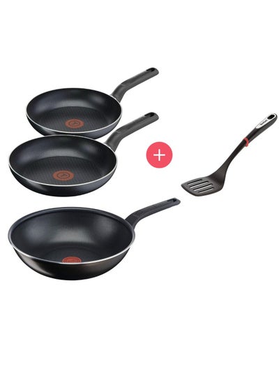 Buy Tefal Issencia Pan Set 4 Pieces 28/32cm + 28cm Wok Pan Non Stick Frying Pan With Slotted Spatula Integrated Thermo Spot Temperature Control Ergonomic Thermoplastic Handle Extra Deep Shape Black in UAE