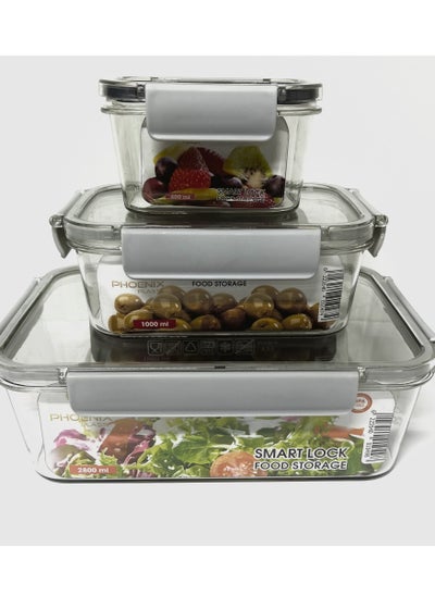 Buy Acrylic Refrigerator Food Container,Food Box Set Of 3Pieces With Airtight Lock - Clear Silicone Sides Grey in Egypt