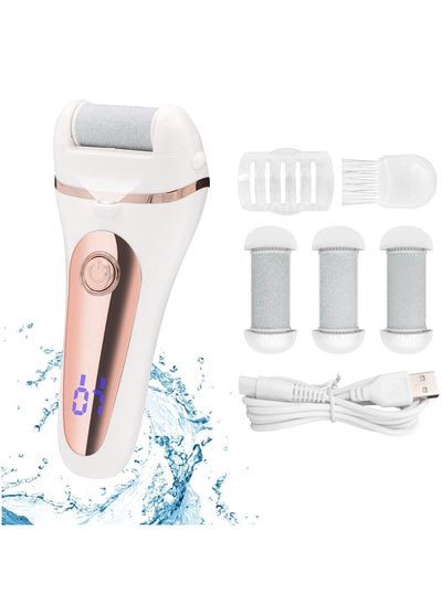 اشتري Electric Foot Callus Remover Kit, Rechargeable Waterproof Foot Scrubber with LED Light Battery Display, Pedicure Tools with 3 Roller Heads 2 Speed for Remove Cracked Heels Calluses Hard Skin في الامارات