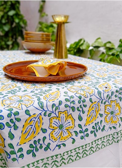 Buy Yellow 100 Percent Cotton Hand Block Printed Table Cover (Length- 85 In X Width - 55 In) in UAE