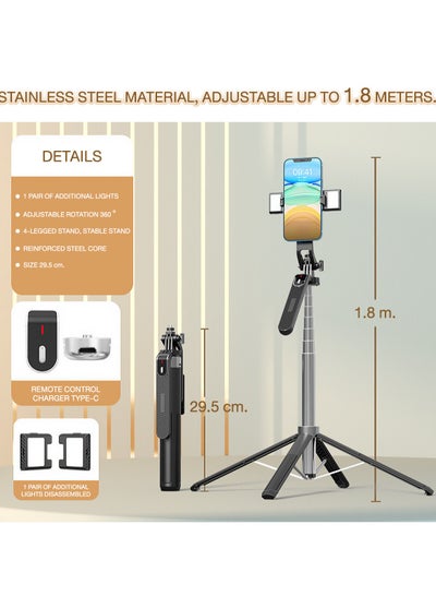 Buy Selfie Stick with Light,Long Selfie Stick with Tripod Stand,Bluetooth Mobile Selfie Stick for Mobile Phone,1.8 m, Makeup,Selfie,Vlogging,Youtube,Live,Iphone , P180 in Saudi Arabia