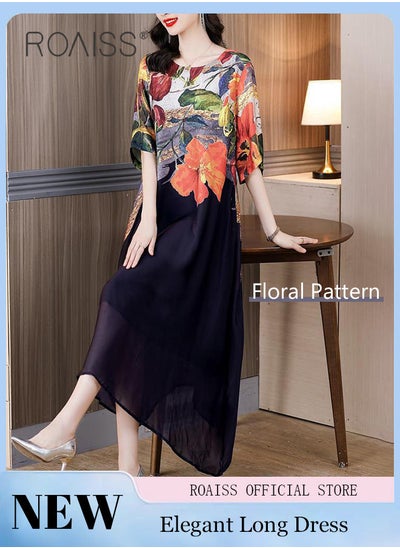 Buy Women Light Floral Dress Women Korean Elegant Loose Waist Dress Summer Vintage Ladies Loose Summer Dress Lapel V Neck Short Sleeve A Line Hemline Contrasting Causal Maxi Dresses in UAE