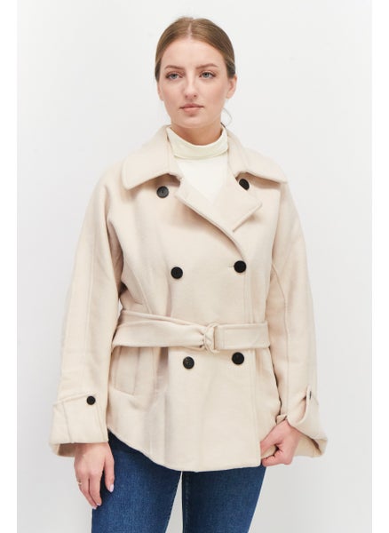 Buy Women Spread Collar Long Sleeve Double Button Trench Coat, Beige in UAE