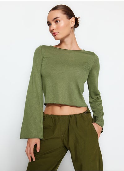 Buy Khaki Boat Neck Regular Fit Crop Knitted Blouse TWOAW24BZ00156 in Egypt