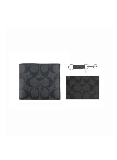 اشتري 3 IN 1 Wallet In Signature Canvas Short Wallet & Card Holder & Keychain Gift Box - Black/Grey في السعودية