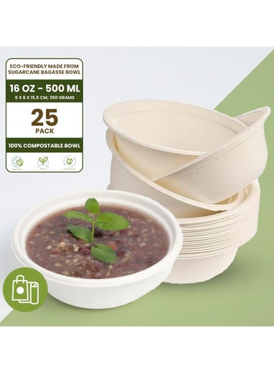 اشتري Ecoway Compostable Heavy Duty Made Of Bagasse Cane Fibers - [17 Ounce - 500 Ml, Pack Of 25] Disposable Bowls Eco-Friendly Biodegradable Perfect For Salad, Soup, Dessert, Hot or Cold Use, White في الامارات