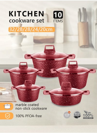 Buy 10-Piece Kitchen Cookware set, Casserole Set And Frying Pan With Non Stick Cookware sets ,Finish Glass lid PFOA-Free  20-24-28-32 cm (Deep Stockpot) + 28 cm (Shallow Stockpot)（Red） in Saudi Arabia