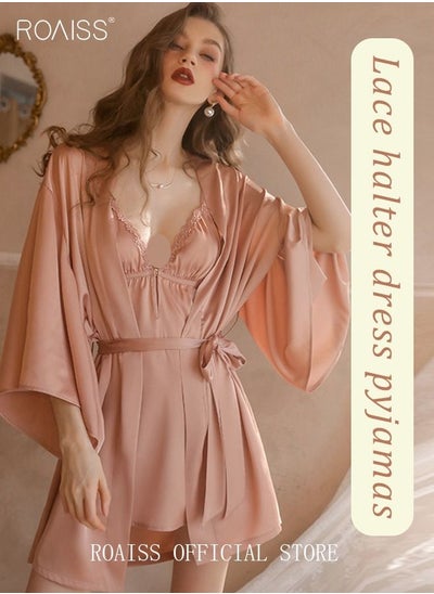 Buy 2 Piece Nightgown Set Women's Sweet Halter Nightdress Lingerie Sleepwear Home Dress Set Romantic Elegant Pajamas Ladies Spring Autumn Robe Loungewear in Saudi Arabia