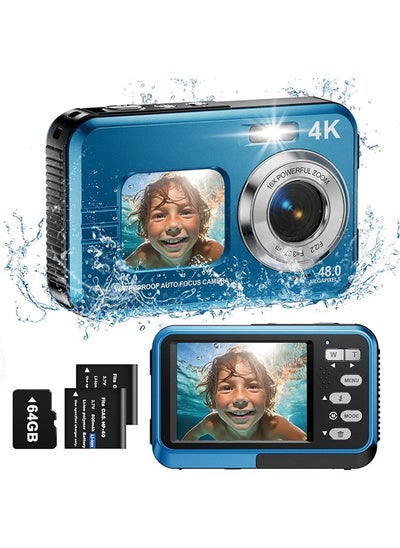 Buy Underwater Camera, 4K Waterproof Camera with 64GB Card 48MP Autofocus Selfie Dual Screens 11FT Underwater Camera for Snorkeling Waterproof Compact Portable Digital Camera, 2 Batteries in UAE