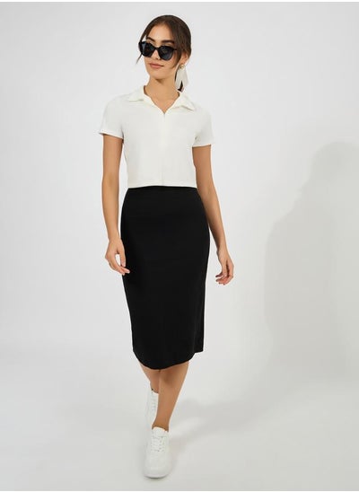 Buy Ribbed Midi Skirt with Elastic Waistband in Saudi Arabia