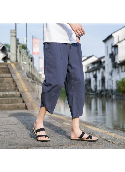 اشتري 2023 Chinese Style Mens Cotton Linen Capri PantsNavy blue Navy blue في السعودية