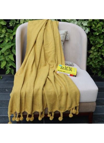 Buy Mustard Handwoven Cotton Throw With Fringe 50"x60" (127x172 cm) - Solid Color Decorative Blanket, Sofa Throw, Bedding Accessory in UAE