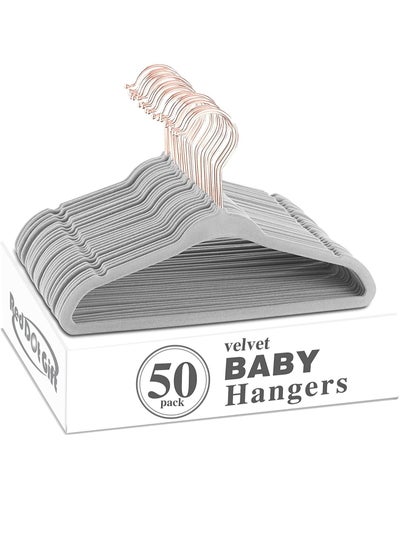 اشتري 50-Pack Grey Color Baby Velvet Hangers 11Inch - Nursery Clothes Hangers Non Slip Toddler Hangers, 360 Chrome Rose-Gold Hook. في الامارات