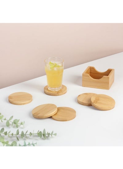 Buy Loretta 6-Piece Bamboo Coaster Set with Holder Bamboo Coasters for Glasses Glass Coasters Wood Round for Drinks Bar Cups Glass Cup Coasters Table Coasters Dia 9 x 1.2cm in UAE