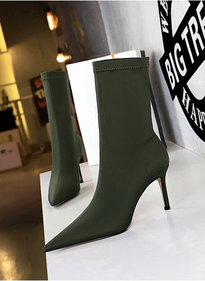 Buy Fashion Simple Slim Heel High Heel Elastic Lycra Pointed Ankle Boots Green in Saudi Arabia