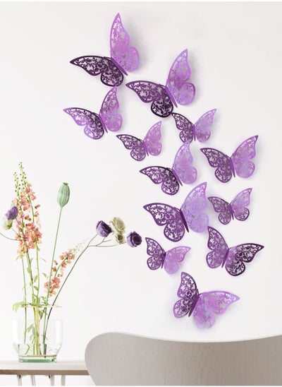 اشتري 12pcs 3D Hollow Butterfly Sticker, Purple Adhesive Paper Butterfly Wall Art For Home Decor في الامارات