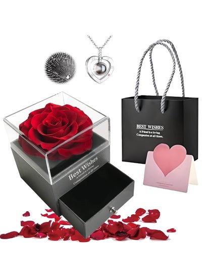 Buy Adando Eternal Rose with Gift Box Cute Eternal Red Rose Set with I Love You Necklace Handmade Preserved Rose Jewelry Box for Mom/Wife/Girlfriend A Romantic Gift for Her in Saudi Arabia