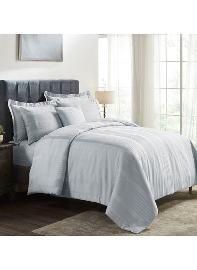 Buy Comforter Set 8-Pieces Double Size Hotel Style All Season Cotton Rich Stripe Pattern Bedding Set With Removable Cover And Down Alternative Filling, Grey in Saudi Arabia