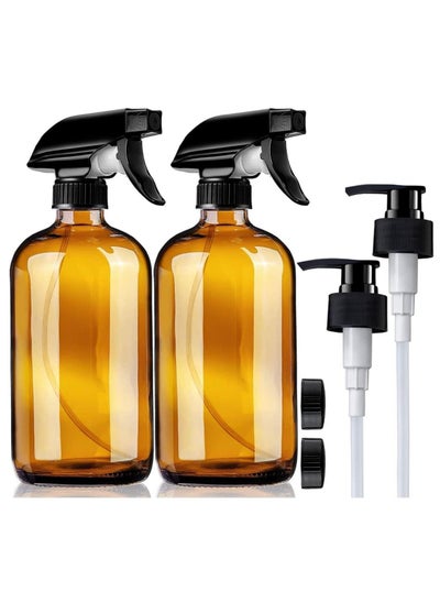 Buy 16oz 2Pcs Glass Spray Bottles  Pump Bottle  Refillable Cosmetic Containers Brown Mist & Stream Mister for Essential Oil Products Shampoo Soap in UAE