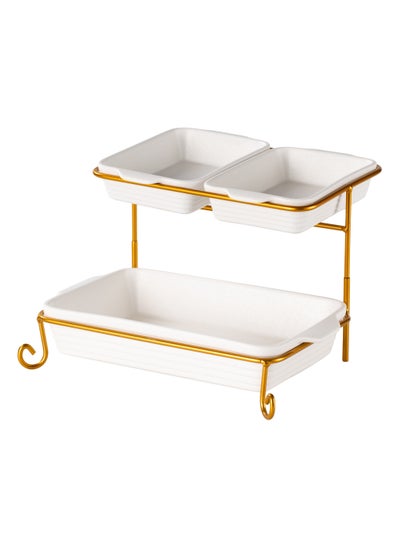 اشتري Shallow Porcelain 2-Tier Rectangular Serving Set with Gold Stand Rack - 2x 20cm and 30cm في الامارات