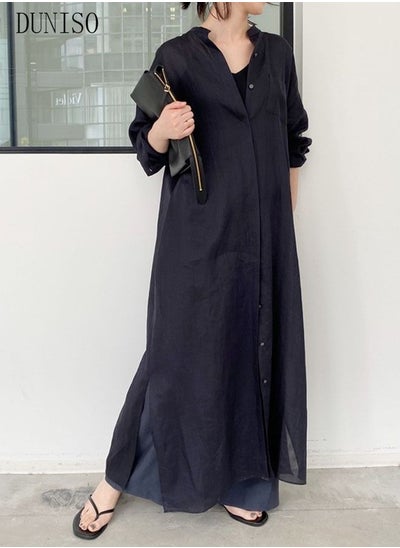 اشتري Women Elegant Long Dress Casual Summer Spring Button Down Front Long Sleeve Maxi Dress Long Cardigan Cover Ups Shirt Dresses Black في السعودية