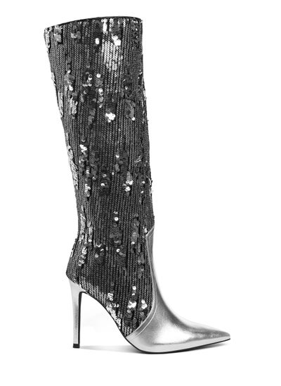 Buy Sequin Embellished Metallic Long Boots in Silver in UAE