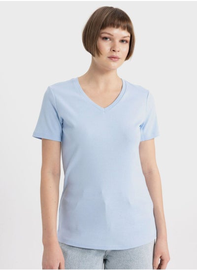 Buy Slim Fit V-Neck Ribana Short Sleeve T-Shirt in UAE