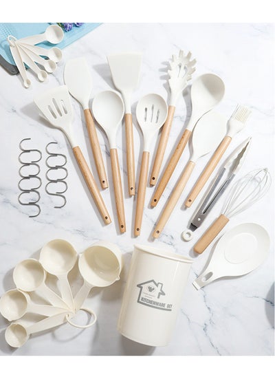 Buy Kitchen Silicone 33 PCS Cooking Utensils Set, Kitchen Food-grade Non-Stick Heat Resistant Wooden Handle Gadgets Tools Set Cookware with Holder, Turner Spoon Brush Whisk Tongs Bucket (White) in UAE