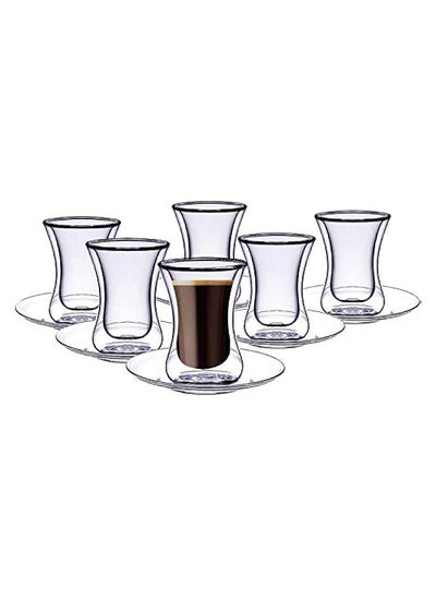 Buy Double Wall Glass Tumbler With Saucer Estikana Set, Tea or Coffee Cups, Set of 12 Pcs 100 ML in UAE