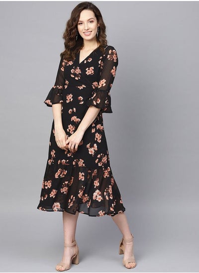 اشتري Floral Print Wrap Tie Detail Midi Dress في السعودية