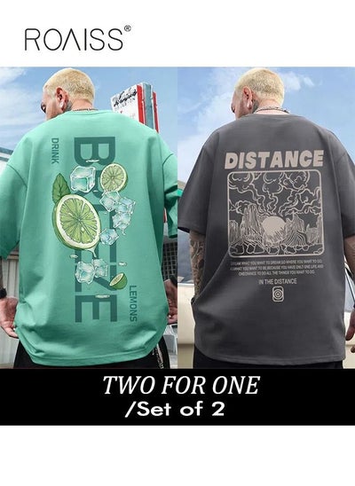 Buy 2Pcs Man's T-shirt Loose Version Trendy All-Match Pattern Printing Short Sleeves in UAE