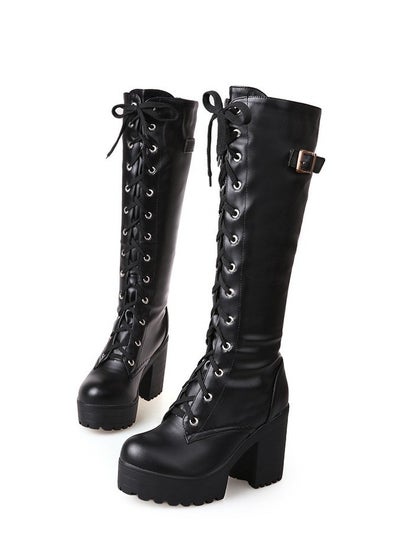 Buy Women's Thick High Heels Lace Up Boots Round toe Punk Platform Booties Black in Saudi Arabia