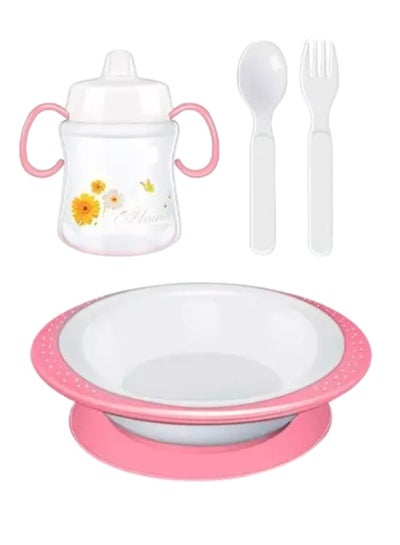 Buy Baby feeding set 4 in 1, children’s tableware, plate, spoon, fork, and water or milk bottle, a complete set of four-piece baby feeding tools (pink) in Egypt