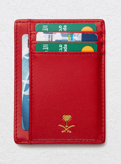 اشتري محفظة كروت جلد أحمر بشعار السعودية السيفين والنخلة باللون الذهبي في السعودية