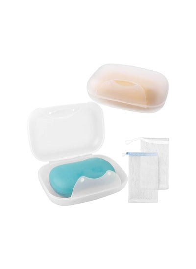 اشتري 2 Pack Travel Soap Dish Box with Soap Mesh Net Translucent Saver Case for Home Travel Outdoor Hiking Camping في السعودية