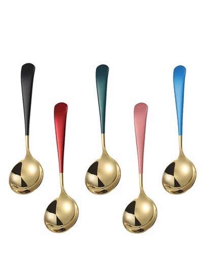 Buy Metal Soup Spoons, Premium Stainless Steel Spoons Set, for Soup Round Colorful Dinner Spoons, Thick Durable Short Handle Table Spoon 6.3 Inch, Set of 5 (Gold) in UAE