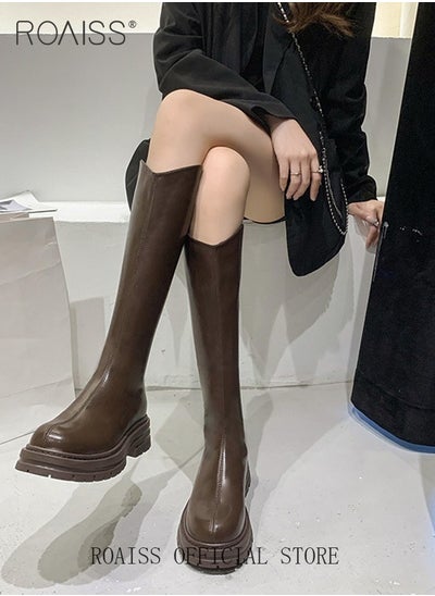 Buy Women Knee-High Boots Lightweight and Breathable Thick-Soled Elevating Fashionable and Versatile Solid Color in UAE