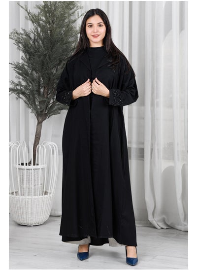 Buy Black abaya with black embroidery on the sleeves in Saudi Arabia