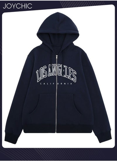 Buy New Style Long Sleeve Zipper Pullover Hoodie Trendy Letter Pattern Autumn and Winter Warm Outwear for Women Navy Blue in Saudi Arabia