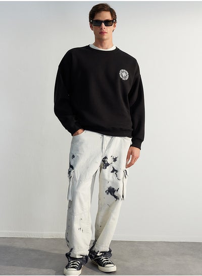 اشتري Black Oversize/Wide Cut Floral Embroidered Cotton Sweatshirt with Fleece Inside TMNAW24SW00012 في مصر