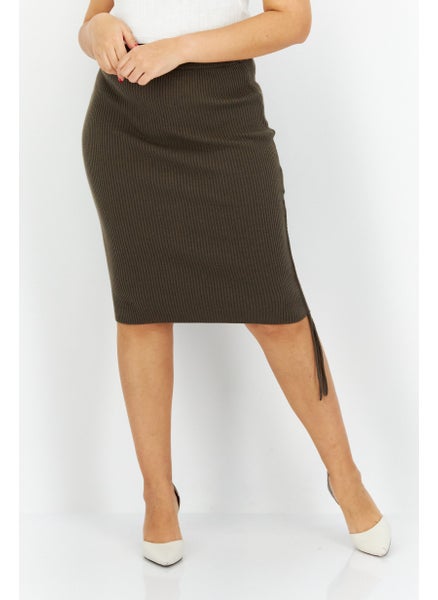 Buy Women Knitted Brand Logo Midi Skirt, Olive in UAE