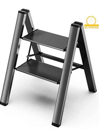 Buy 2 Steps Ladder Aluminum Folding Step Stool With Anti Slip Sturdy And Wide Pedal Light weight Portable Multi Use Stepladder For Home And Kitchen Use Space Saving in UAE