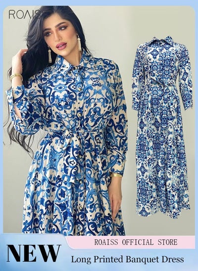 Buy Women'S Muslim Bohemian Printed Dress Classic Shirt Lapel 3/4 Sleeve A-Line Vacation Dress Button Opening And Closing Waist Buckle Design in Saudi Arabia