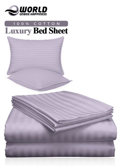 اشتري 3 Piece Luxury Purple Striped Bed Sheet Set with 1 Flat Sheet and 2 Pillowcases for Hotel and Home Crafted from Ultra Soft and Breathable Cotton for Year-Round Comfort, (Single/Double) في الامارات