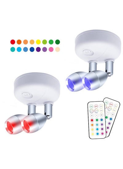 اشتري 2 Pack Dual Head Battery Operated Spotlights with Remote 13 Color Dimmable and Brightness Accent Lights Indoor Wireless RGB LED Spot Light with 360 Degrees Rotatable Head Stick on Wall Hallway White في السعودية